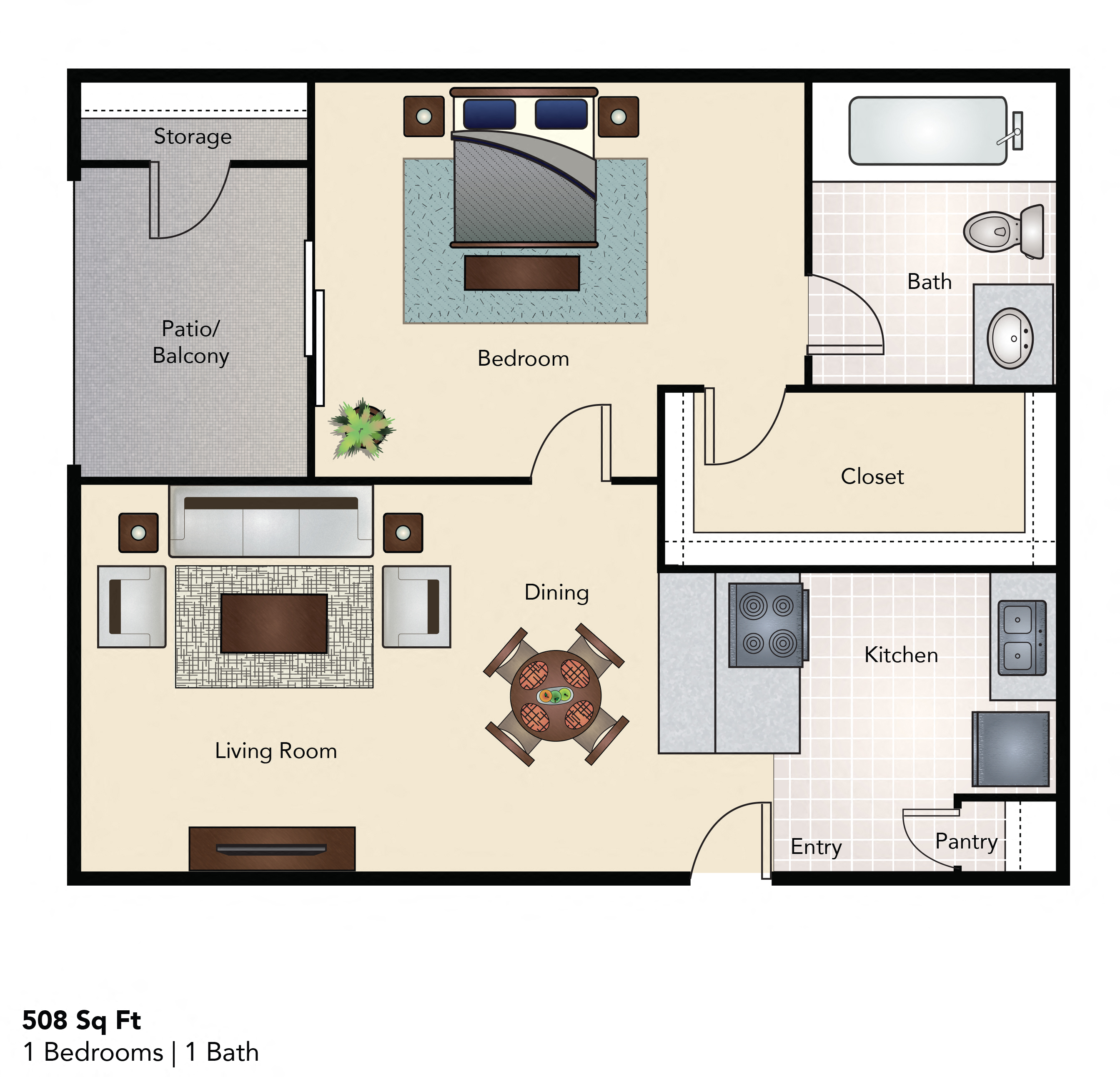 Floor plan for 1 bed, 1 bath, 508 sqft